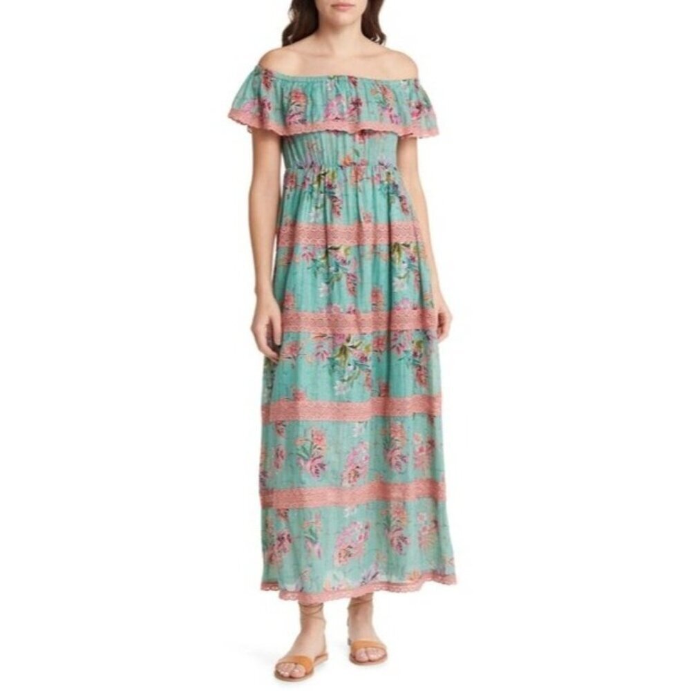 Barok Paris Floral Off The Shoulder Cotton Blend Maxi Dress Size S Nwt $199